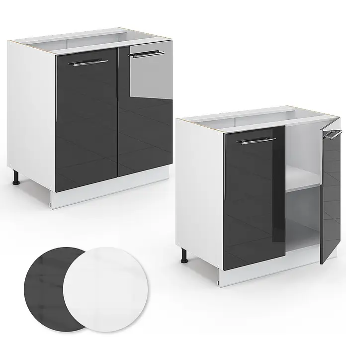 Vicco Schrankküche Fame-Line Anthrazit Hochglanz mit Regal, AP Eiche - Anthrazit Hochglanz, Unterschrank 80 cm, AP Eiche - Weißer Unterschrank mit glänzend dunkelgrauen Türen und silbernen Griffen; eine Ansicht zeigt eine offene Tür mit Regal. Inklusive dunkelgrauer und weißer Farbmuster.