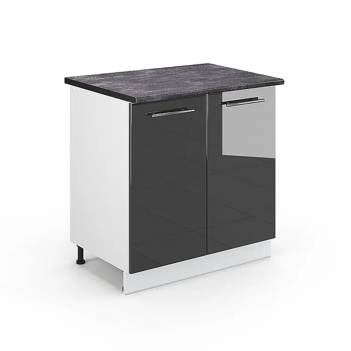 Vicco Schrankküche Fame-Line Anthrazit Hochglanz mit Regal, AP Anthrazit - Anthrazit Hochglanz, Unterschrank 80 cm - Küchenunterschrank mit dunkler Arbeitsplatte in Steinoptik, weißen Seiten und zwei dunkelgrauen Hochglanztüren mit silbernen Griffen.