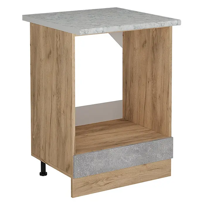 Vicco Schrankküche R-Line Beton AP Marmor - Beton, Herdumbauschrank 60 cm, AP Marmor - Offener Küchenunterschrank mit weißer Marmor-Arbeitsplatte, heller Holzoptik und grauem Beton-Sockel.