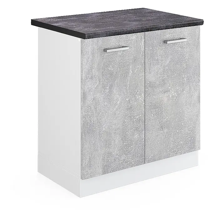 Vicco Schrankküche R-Line Beton, AP Anthrazit - Beton, Spülenunterschrank 80 cm, AP Anthrazit - Zweitüriger Unterschrank mit dunkelgrauer Betonoptik-Platte, hellgrauen Betonoptik-Türen und weißem Korpus.