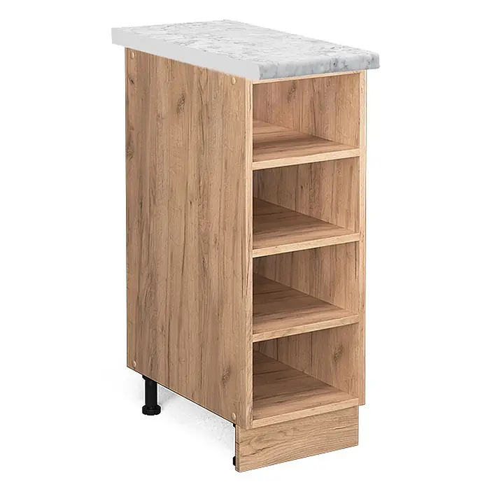 Vicco Schrankküche Fame-Line Goldkraft Eiche, AP Marmor - Goldkraft Eiche, Regalunterschrank 30 cm, AP Marmor - Schmales Küchenschrank in heller Holzoptik mit offenen Regalen und weißer Marmorplatte, mit verstellbaren schwarzen Füßen.