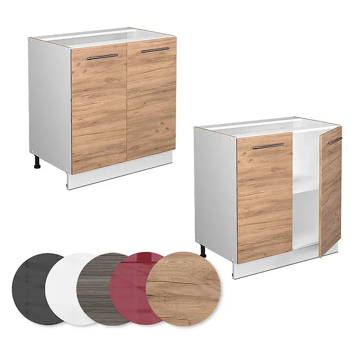 Vicco Schrankküche Fame-Line Goldkraft Eiche mit Regal, ohne Arbeitsplatte - Goldkraft Eiche, Unterschrank 80 cm - Weißer Küchenunterschrank mit Holztüren, eine geöffnet mit Regal. In verschiedenen Türfronten erhältlich.