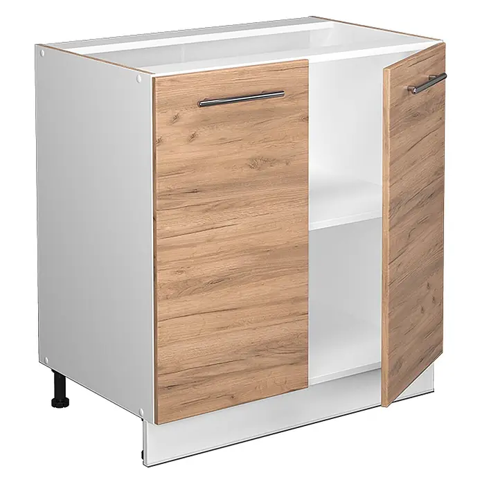 Vicco Schrankküche Fame-Line Goldkraft Eiche mit Regal, ohne Arbeitsplatte - Goldkraft Eiche, Unterschrank 80 cm - Zweitüriger Küchenunterschrank mit weißem Korpus, Türen in Holzoptik, Metallgriffen und verstellbaren Füßen. Eine Tür ist offen, zeigt ein weißes Regal.
