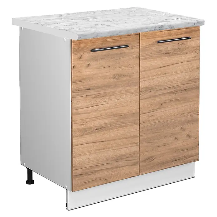 Vicco Schrankküche Fame-Line Goldkraft Eiche mit Regal, AP Marmor - Goldkraft Eiche, Unterschrank 80 cm, AP Marmor - Küchenunterschrank mit weißem Korpus, hellen Holzdekor-Türen, Arbeitsplatte in weißer Marmoroptik und silbernen Griffen.