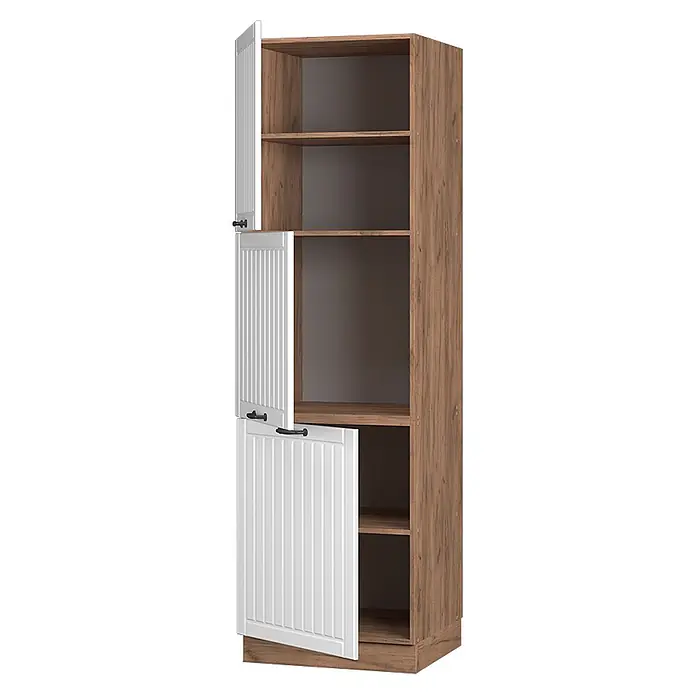 Vicco Vorratsschrank Fame-Line, Weiß Landhaus/Goldkraft Eiche 60 cm -  - Hoher brauner Holzschrank mit offenen Fächern und drei weißen Lamellentüren, zwei davon mit schwarzen Griffen offenstehend.