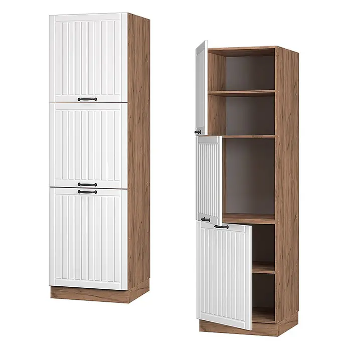 Vicco Vorratsschrank Fame-Line, Weiß Landhaus/Goldkraft Eiche 60 cm -  - Hoher Vorratsschrank mit weißen Lamellentüren und Holzrahmen, geschlossen und offen mit Regalen dargestellt.