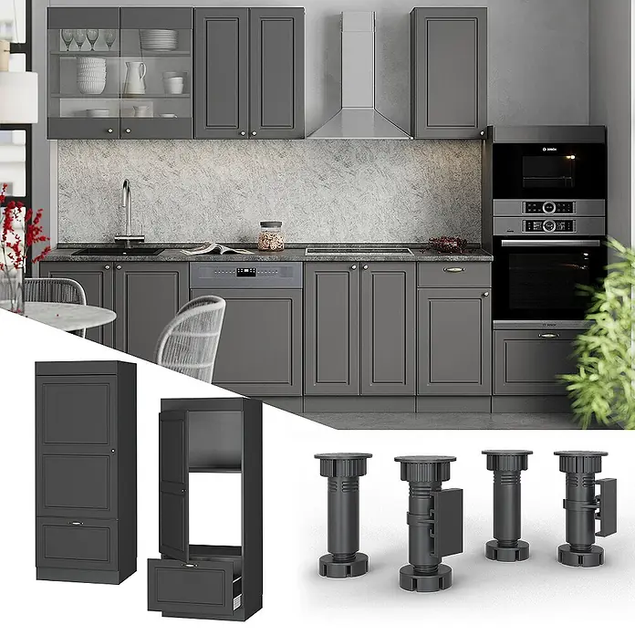 Vicco Schrankküche Fame-Line Anthrazit-Gold Landhaus - Anthrazit-Gold Landhaus, Mikrowellenumbauschrank 60 cm - Dunkelgraues modulares Küchensystem mit verschiedenen Schränken, darunter Unter-, Ober- und Hochschränke, sowie verstellbare Füße.