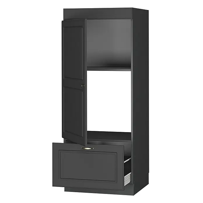Vicco Vorratsschrank Fame-Line, Anthrazit-Gold Landhaus/Anthrazit 60 cm -  - Dunkelgrauer Einbauofenschrank mit offener oberer Tür und teilweise geöffneter unterer Schublade.