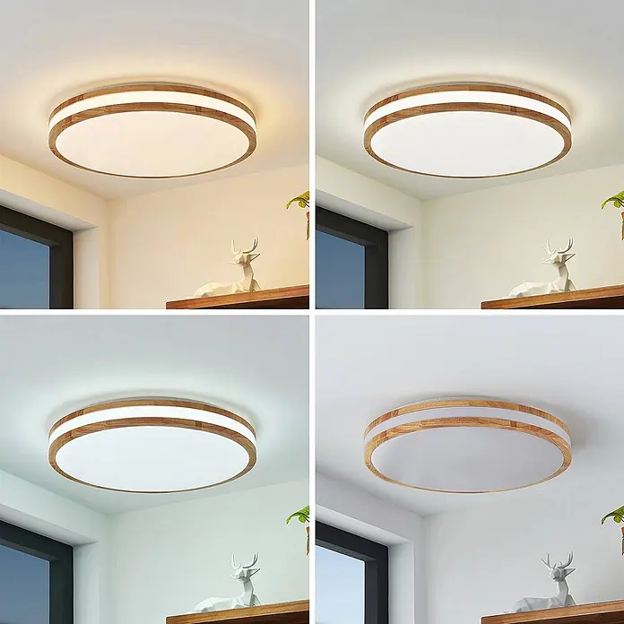 Lindby Deckenleuchte Emiva - Holz hell, Holz hell - Runde LED-Deckenleuchte aus Holz mit weißem Diffusor, zeigt verschiedene Farbtemperaturen im Raum.