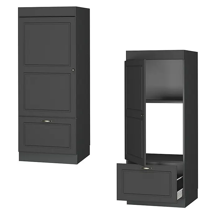 Vicco Vorratsschrank Fame-Line, Anthrazit-Gold Landhaus/Anthrazit 60 cm -  - Dunkelgrauer Hochschrank mit Kassettentüren und einer Schublade. Eine Ansicht zeigt die geöffneten Türen und eine ausgezogene Schublade.