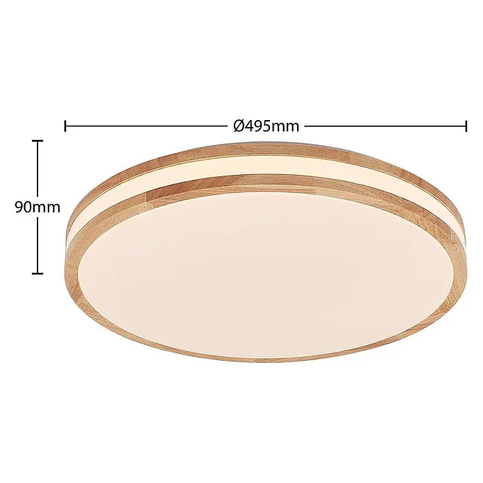 Lindby Deckenleuchte Emiva - Holz hell, Holz hell - Runde Deckenleuchte mit Holzrahmen und weißem Diffusor, ø495mm x 90mm.