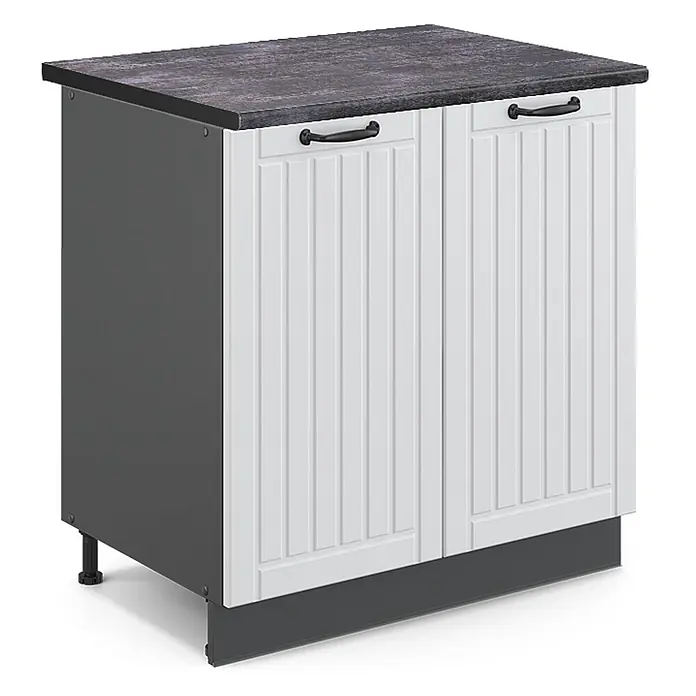 Vicco Schrankküche Fame-Line Weiß Landhaus mit Regal, AP Anthrazit - Weiß Landhaus, Unterschrank 80 cm, AP Anthrazit - Küchenunterschrank mit weißen Kassettentüren, schwarzen Griffen, dunkelgrauer Platte und Seiten.