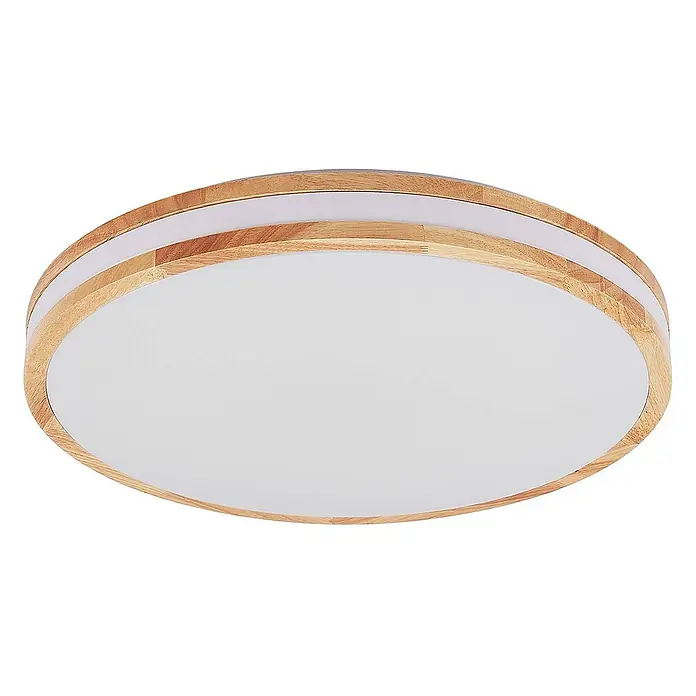 Lindby Deckenleuchte Emiva - Holz hell, Holz hell - Runde Deckenleuchte mit natürlichem Holzrahmen und weißem Diffusor.