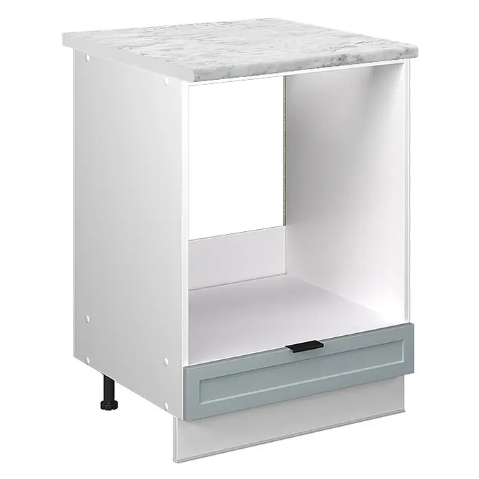 Vicco Schrankküche Fame-Line Hellblau-grau, AP Marmor - Hellblau-grau, Herdumbauschrank 60 cm, AP Marmor - Weißer Küchenunterschrank für Einbaugerät mit Arbeitsplatte in Marmoroptik, grauer Schublade und schwarzem Griff.