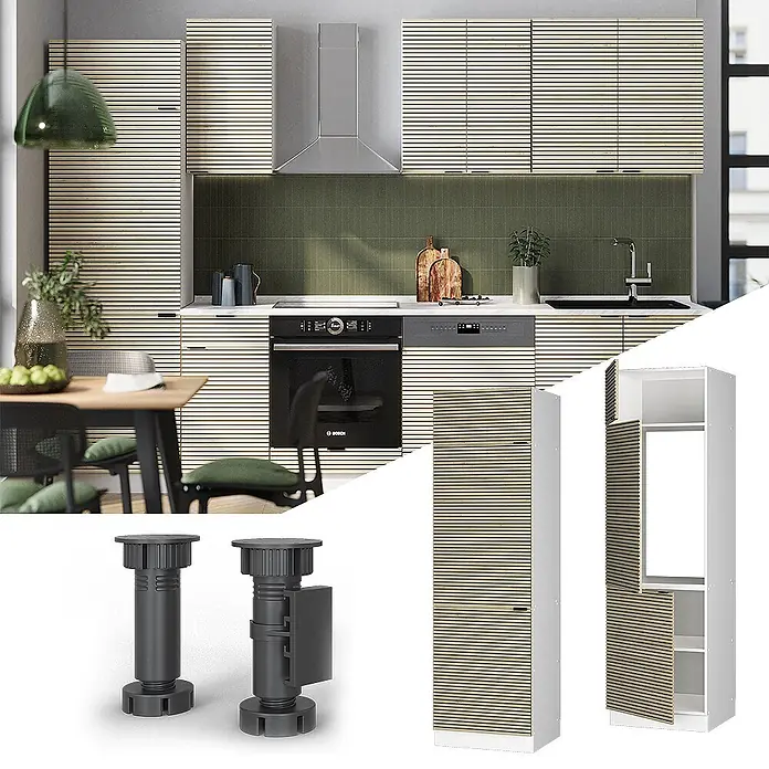 Vicco Schrankküche Fame-Line Eiche Paneel - Eiche Paneel, Kühlumbauschrank 60 cm - Modulares Küchensystem mit hellen Holzoptik-Lamellenfronten in Küche, dazu verstellbare dunkelgraue Beine und ein Hochschrank.
