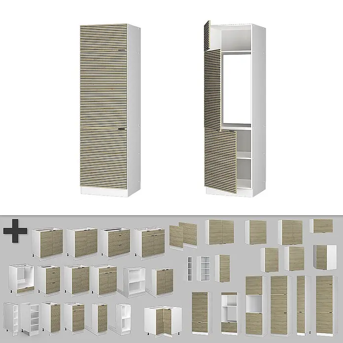 Vicco Schrankküche Fame-Line Eiche Paneel - Eiche Paneel, Kühlumbauschrank 60 cm - Modulares Schranksystem mit weißen Rahmen und hellen Holzlamellentüren, in verschiedenen Konfigurationen gezeigt.