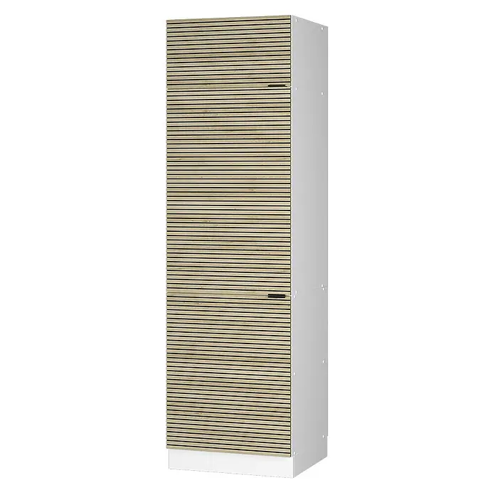 Vicco Schrankküche Fame-Line Eiche Paneel - Eiche Paneel, Kühlumbauschrank 60 cm - Hoher Schrank aus hellem Lamellenholz mit hellgrauen Seiten und dunklen Griffen.