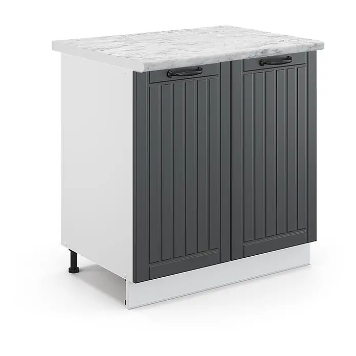 Vicco Schrankküche Fame-Line Anthrazit Landhaus mit Regal, AP Marmor - Anthrazit Landhaus, Unterschrank 80 cm, AP Marmor - Weißer Küchenunterschrank mit dunkelgrauen Paneeltüren, schwarzen Griffen und weißer Marmor-Arbeitsplatte.