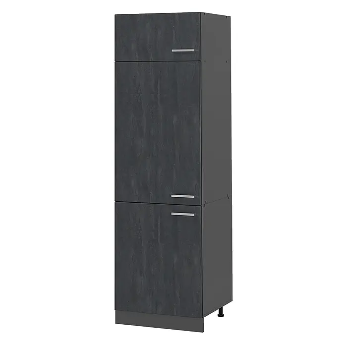 Vicco Kühlumbauschrank R-Line, Schwarz Beton, 60 cm -  - Hoher dunkelgrauer Schrank mit strukturierter Betonoptik, drei Türen und silbernen Stangengriffen.