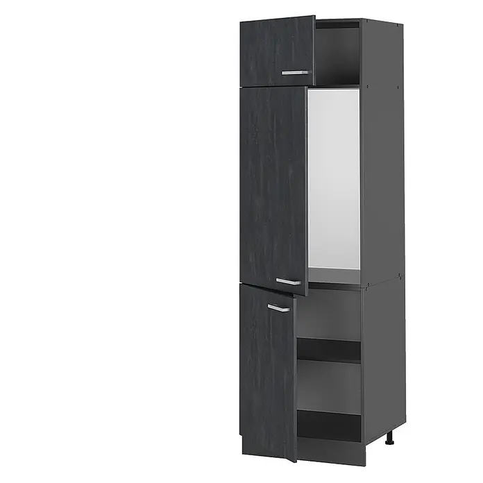 Vicco Kühlumbauschrank R-Line, Schwarz Beton, 60 cm -  - Dunkelgrauer Hochschrank mit Textur, offenen Türen und Regalen, mit silbernen Stangengriffen.