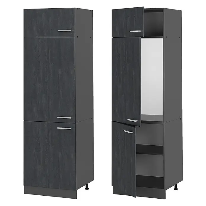 Vicco Kühlumbauschrank R-Line, Schwarz Beton, 60 cm -  - Dunkelgrauer, hoher Schrank mit mehreren Türen, geschlossen und geöffnet mit Regalböden im Inneren.