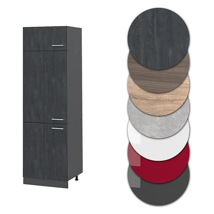 Vicco Kühlumbauschrank R-Line, Schwarz Beton, 60 cm -  - Hoher anthrazitfarbener Küchenschrank mit Struktur, Metallgriffen und Materialmustern.