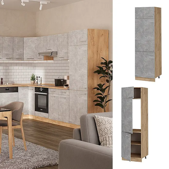 Vicco Schrankküche R-Line Beton - Beton, Kühlumbauschrank 60 cm - Graue Küchenschränke in Betonoptik mit Holzdetails, präsentiert in moderner Küche und als separate Hochschränke.