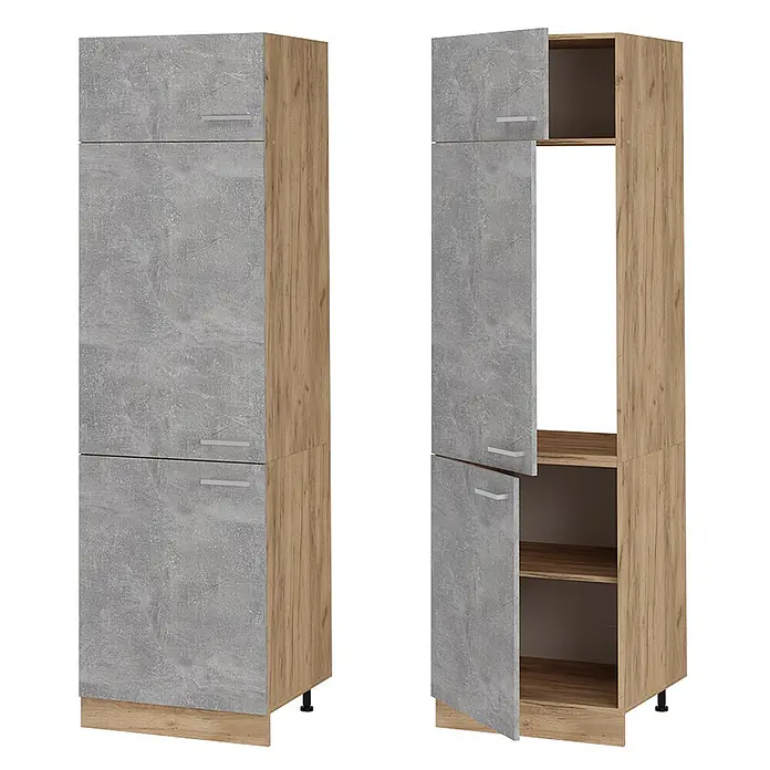 Vicco Schrankküche R-Line Beton - Beton, Kühlumbauschrank 60 cm - Hoher Schrank mit Holzoptik-Korpus und Betonoptik-Türen, mit offenen und geschlossenen Fächern.