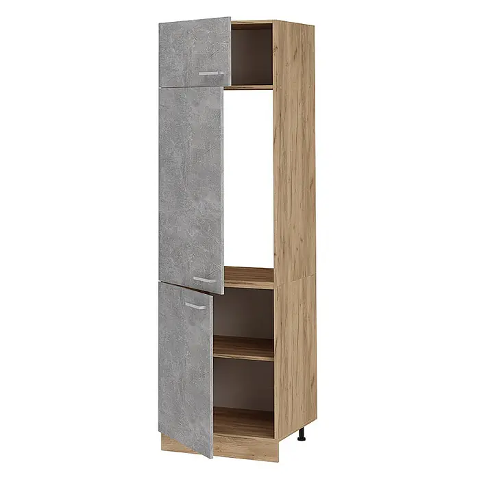 Vicco Schrankküche R-Line Beton - Beton, Kühlumbauschrank 60 cm - Hoher Schrank mit hellem Holzrahmen und grauen Betonoptik-Türen. Mit offenen Regalen und großer mittiger Gerätenische.