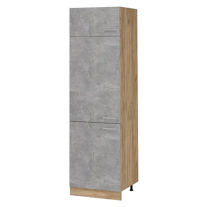 Vicco Schrankküche R-Line Beton - Beton, Kühlumbauschrank 60 cm - Hoher Schrank mit vier grauen Betoneffekt-Türen und hellen Holz-Effekt-Seiten/Boden. Mit schlanken Silbergriffen.
