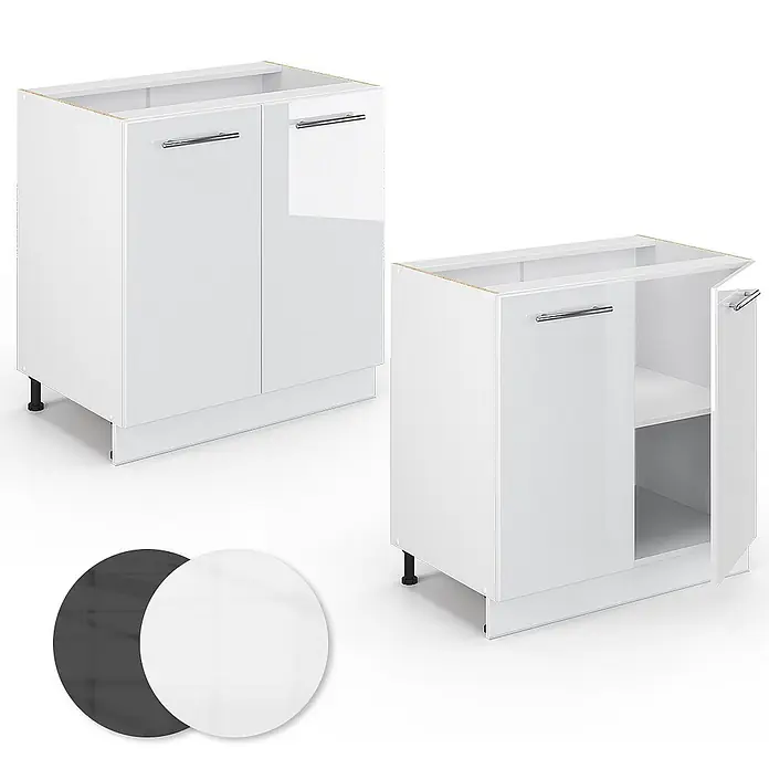 Vicco Schrankküche Fame-Line Weiß Hochglanz mit Regal, AP Eiche - Weiß Hochglanz, Unterschrank 80 cm, AP Eiche - Zwei glänzende weiße Küchenunterschränke, einer offen mit Einlegeboden, dazu schwarze und weiße Farbmuster.