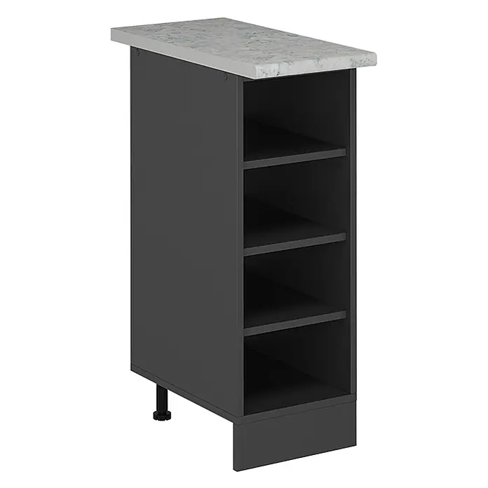 Vicco Schrankküche R-Line Anthrazit AP Marmor - Anthrazit, Regalunterschrank 30 cm - Dunkelgrauer Aufbewahrungsschrank mit vier offenen Fächern und hellgrau marmorierter Arbeitsplatte. Mit verstellbarem Fuß.