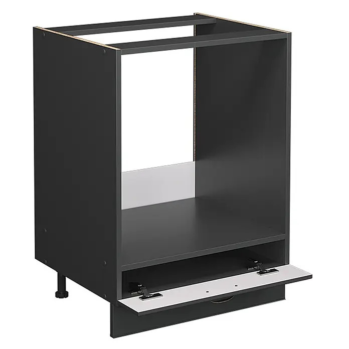 Vicco Herdumbauschrank Fame-Line, Anthrazit-Gold Landhaus, 60 cm -  - Dunkelgrauer Küchenunterschrank mit offener Oberseite für Gerät, Einlegeboden und teilweise geöffneter Push-to-open-Schublade/Blende.