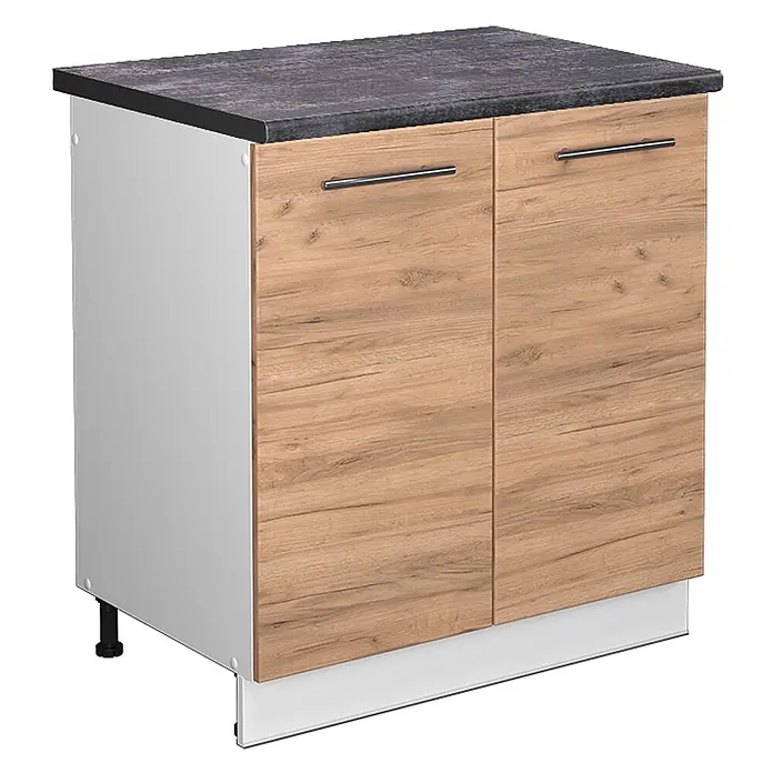 Vicco Schrankküche Fame-Line Goldkraft Eiche, AP Anthrazit - Goldkraft Eiche, Spülenunterschrank 80 cm - Küchenunterschrank mit dunkelgrauer Arbeitsplatte, weißer Seite, hellen Eiche-Effekt-Türen mit silbernen Griffen und weißer Sockelleiste.
