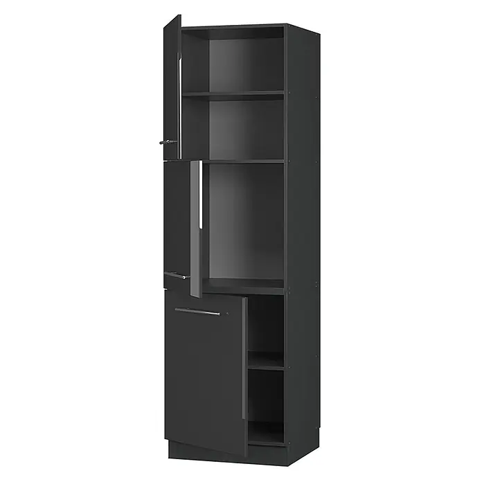 Vicco Vorratsschrank Fame-Line, Anthrazit Hochglanz/Anthrazit 60 cm -  - Dunkelgrauer Hochschrank mit mehreren Türen, teils geöffnet mit Regalböden und silbernen Griffen.