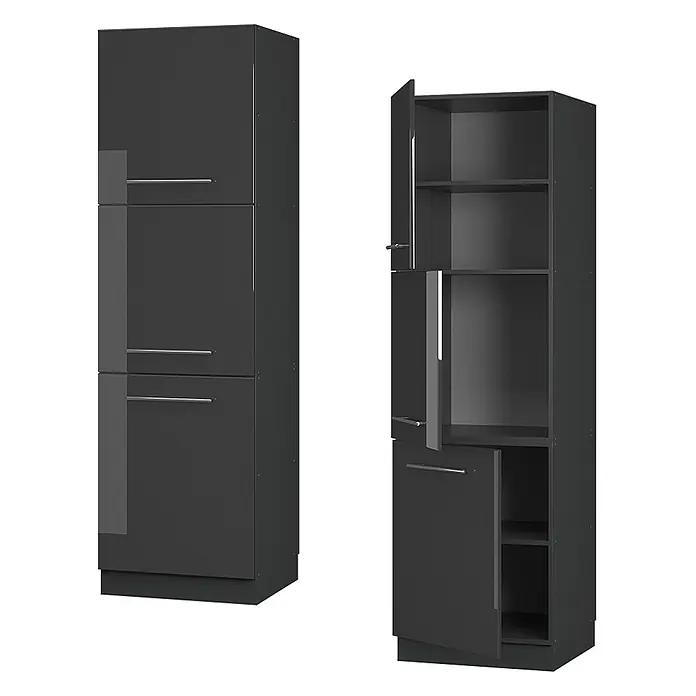 Vicco Vorratsschrank Fame-Line, Anthrazit Hochglanz/Anthrazit 60 cm -  - Hoher dunkelgrauer Küchenschrank mit silbernen Griffen, geschlossen und geöffnet mit Regalen.