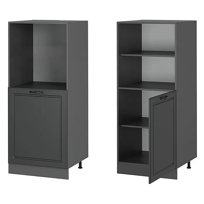 Vicco Schrankküche R-Line Anthrazit Landhaus - Anthrazit Landhaus, Backofenumbauschrank 60 cm (halb) - Zwei dunkelgraue Aufbewahrungsschränke: einer mit offenem Fach, Schublade und Tür; der andere mit Regalböden und einer kleinen Tür.