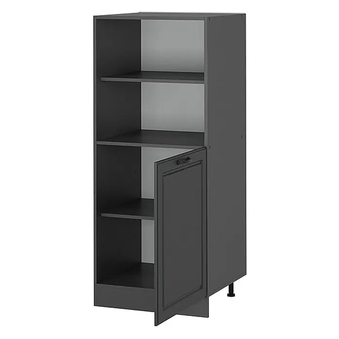 Vicco Schrankküche R-Line Anthrazit Landhaus - Anthrazit Landhaus, Backofenumbauschrank 60 cm (halb) - Hoher, dunkelgrauer Schrank mit offenen Fächern und einem unteren geschlossenen Fach mit Paneeltür.