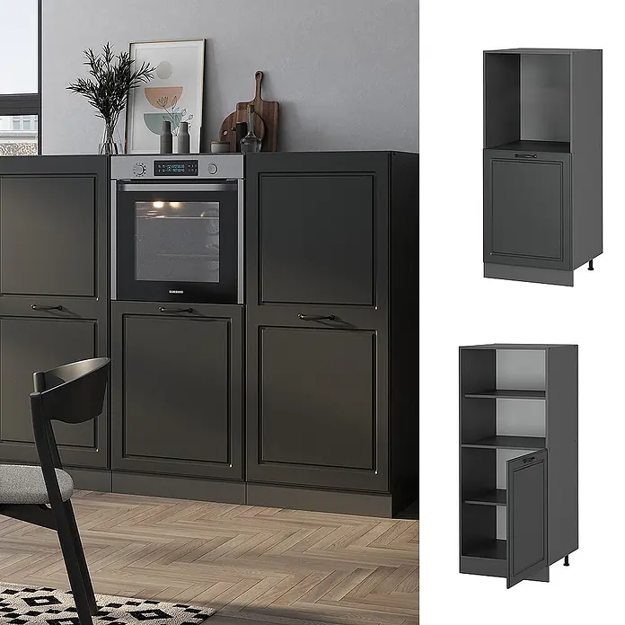 Vicco Schrankküche R-Line Anthrazit Landhaus - Anthrazit Landhaus, Backofenumbauschrank 60 cm (halb) - Dunkelgraue Hochschränke für Einbauofen und Vorrat, in einer Küche und als Einzelmodule dargestellt.