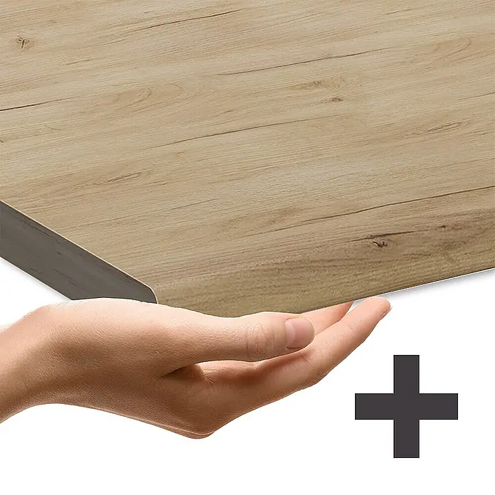 Vicco Schrankküche R-Line Goldkraft Eiche, AP Eiche - Goldkraft Eiche, Regalunterschrank 30 cm - Helle Eichenholz-Effektplatte mit Hand darunter, die ihre Dicke und ein Pluszeichen zeigt.