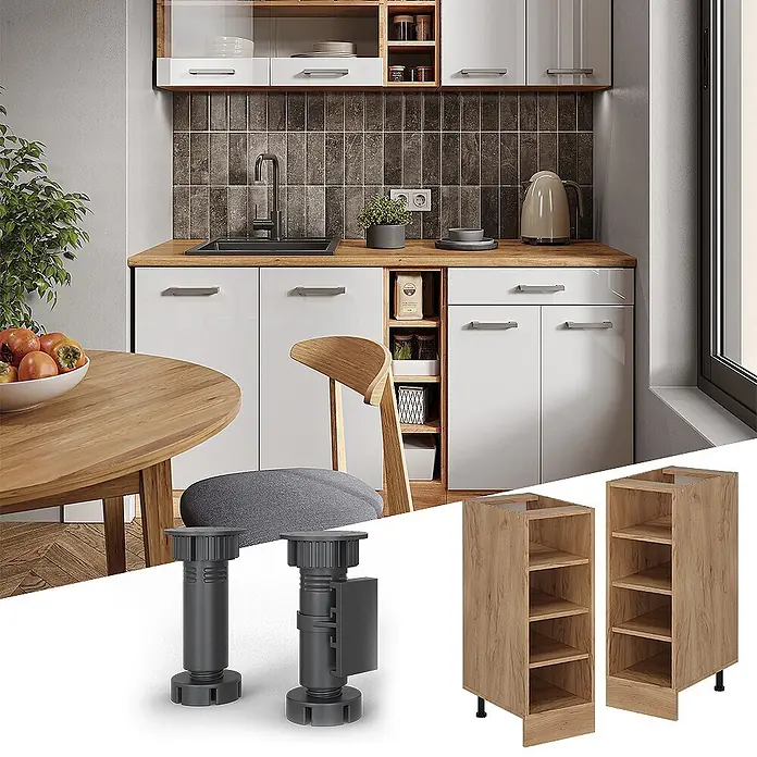 Vicco Schrankküche R-Line Goldkraft Eiche ohne Arbeitsplatte - Goldkraft Eiche, Regalunterschrank 30 cm - Moderne Küche mit verstellbaren dunkelgrauen Möbelfüßen und hölzernen Regaleinsätzen für Stauraum.