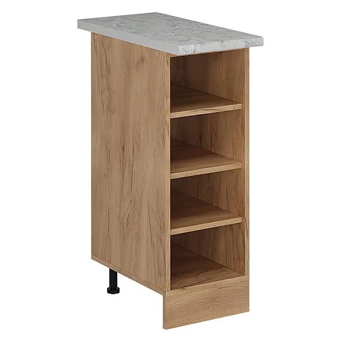 Vicco Schrankküche R-Line Goldkraft Eiche, AP Marmor - Goldkraft Eiche, Regalunterschrank 30 cm - Helles Küchen-Endregal in Eichenoptik mit grauer Marmorplatte und offenen dreieckigen Fächern, auf verstellbaren Füßen.