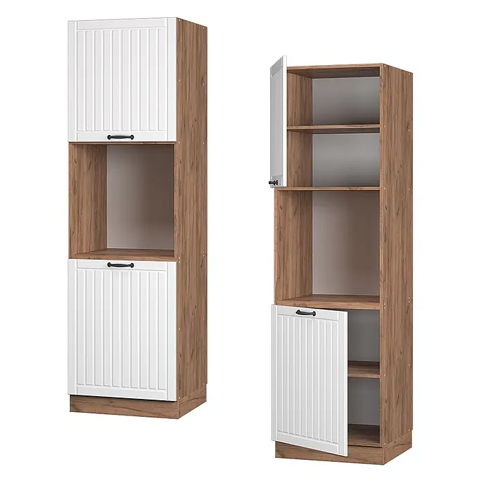 Vicco Schrankküche Fame-Line Weiß Landhaus offen - Weiß Landhaus, Herdumbauschrank hoch 60 cm offen - Hoher Küchenschrank: brauner Holzrahmen, weiße Rippentüren, offenes Fach. Mit Regalen.
