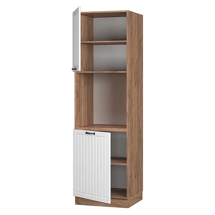 Vicco Schrankküche Fame-Line Weiß Landhaus offen - Weiß Landhaus, Herdumbauschrank hoch 60 cm offen - Hoher brauner Holzschrank mit offenen Fächern und zwei weißen Lamellentüren mit schwarzen Griffen, die interne Ablageflächen zeigen.