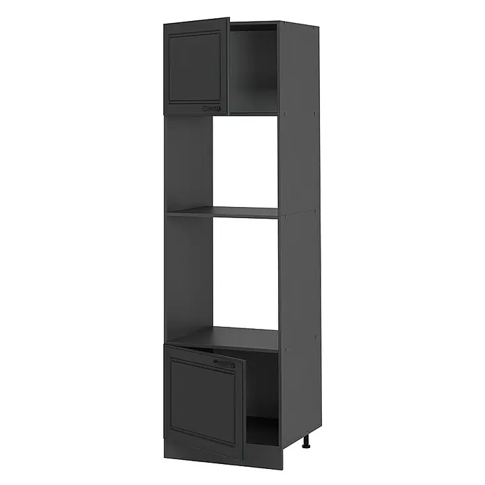 Vicco Schrankküche R-Line Anthrazit Landhaus - Breite: 60 cm, Anthrazit Landhaus, Mikrowellenumbauschrank 60 cm - Dunkelgrauer Küchenschrank mit offenen Fächern und zwei teilweise geöffneten Türen.