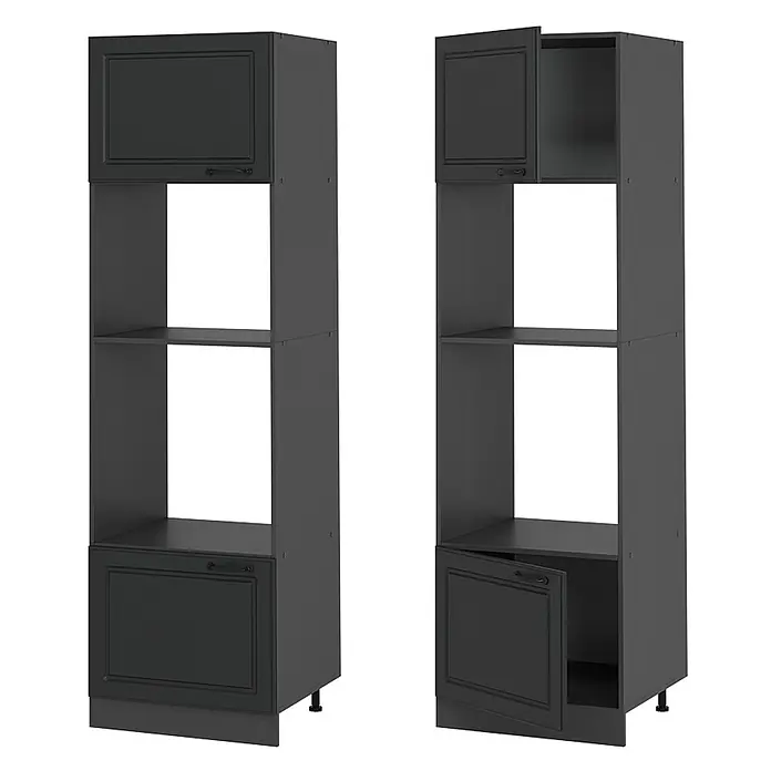 Vicco Schrankküche R-Line Anthrazit Landhaus - Breite: 60 cm, Anthrazit Landhaus, Mikrowellenumbauschrank 60 cm - Dunkelgrauer Küchenschrank mit Kassettentüren, integrierten Gerätefächern und Stauraum, teils geöffnet.