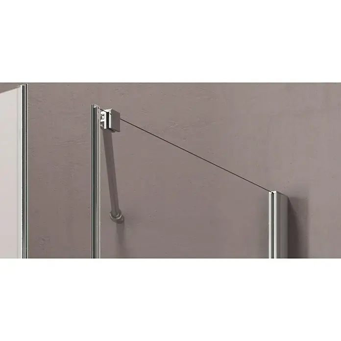 GEO Hit Eckdusche B-F200 - 90 x 100 x 202,2 cm, Unbeschichtet, Silber, Glasstärke: 6 mm, DIN Anschlag: Links - Nahaufnahme einer Duschwandhalterung aus Metall mit einer dezenten, modernen Ästhetik, die Funktionalität und Design vereint.