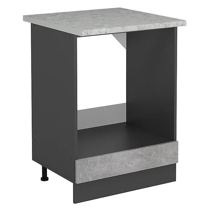Vicco Schrankküche R-Line Beton AP Marmor - Beton, Herdumbauschrank 60 cm, AP Marmor - Dunkelgrauer Küchenunterschrank mit hellgrauer Marmor-Arbeitsplatte und Beton-Sockelblende, mit offenem Fach.