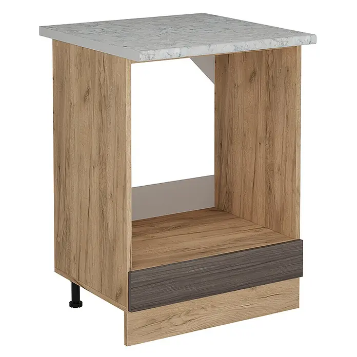 Vicco Schrankküche R-Line Edelgrau AP Marmor - Edelgrau, Herdumbauschrank 60 cm, AP Marmor - Offener Küchenunterschrank aus Holz mit dunkler Sockelblende und heller Marmor-Arbeitsplatte.