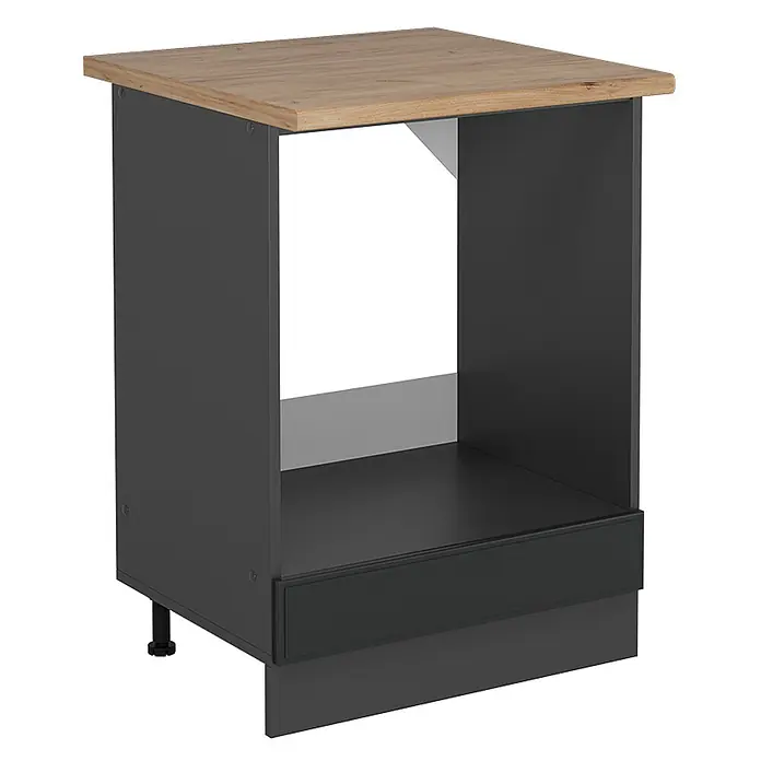 Vicco Schrankküche R-Line Anthrazit Landhaus, AP Eiche - Anthrazit Landhaus, Herdumbauschrank 60 cm, AP Eiche - Dunkelgrauer Küchenunterschrank mit offenem Fach, Holzplatte und verstellbarem Bein. Mit schwarzer Sockelleiste.